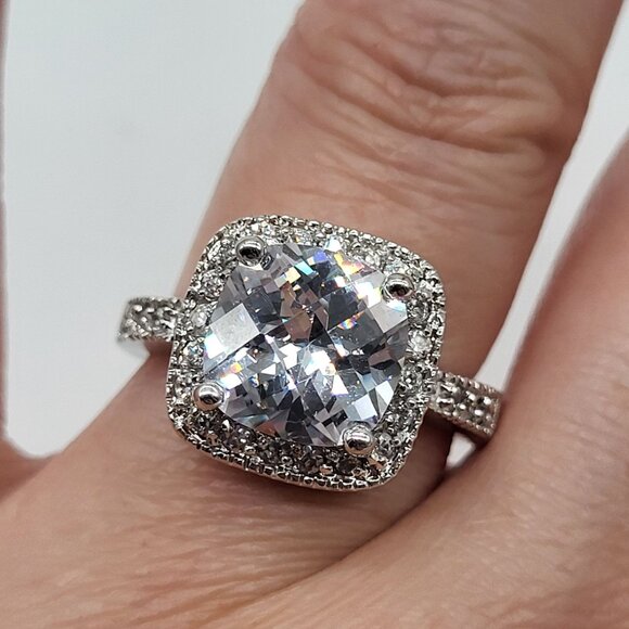 unbranded Jewelry - Silver Tone Fashion Ring Square Cut Faceted SZ 7.75 Bling Wedding